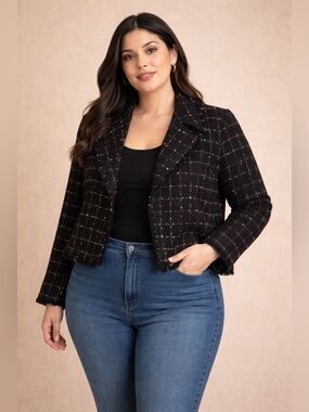 NWOT Vince Camuto Boucle Blazer Black Red Pink Tweed Fringe Jacket 1X